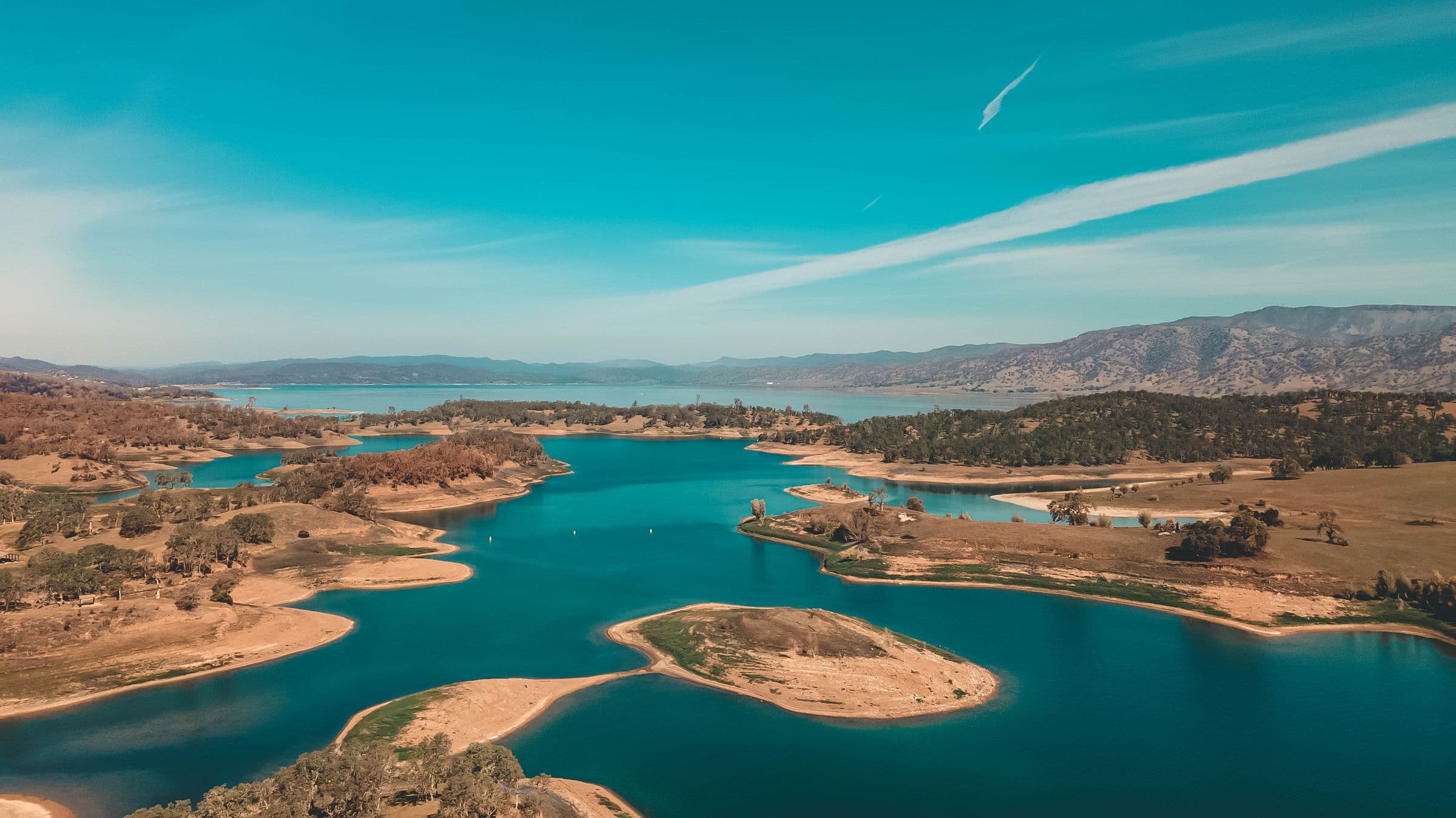 Aerial view of Lake Berryessa surrounded by the hills of Napa County